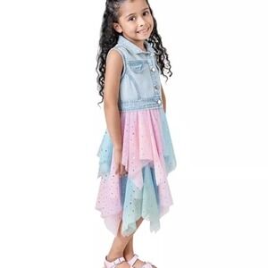 Rare Editions Girls Denim Dream Chambray Tulle Dress PastelGold Foil Dot Size 10